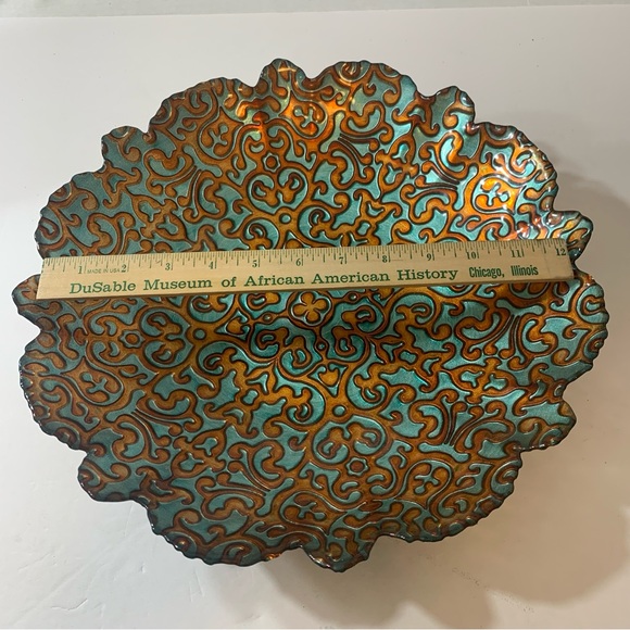 ArdaCam Hand Painted Turquoise & Bronze Glass 12” Round Serving Platter Bowl - Picture 9 of 16